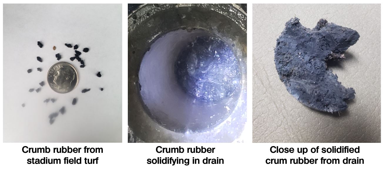 field turf crumb rubber in drains causing clogs