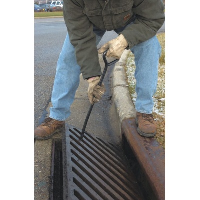 Grate hook safely lifts grate from catch basins, drains, and other inlets